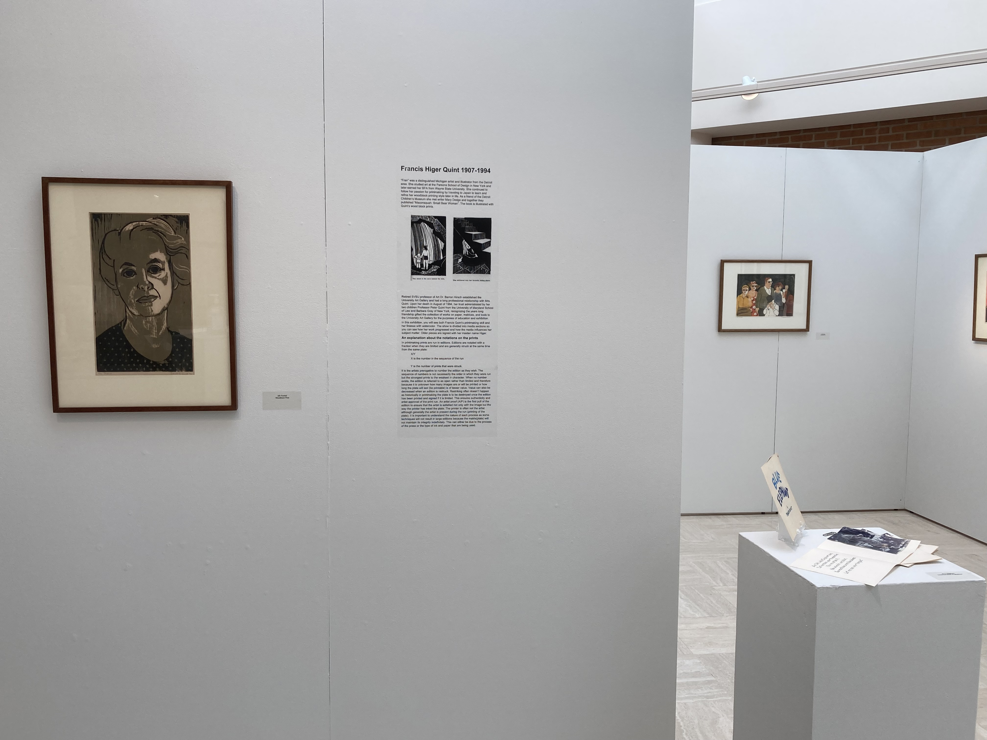 First wall of Quint exhibition with bio and other information